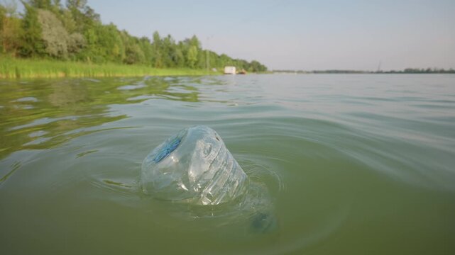 A discarded plastic bottle floats in calm green lake water. Lush trees and reeds line the shore under a bright sky, highlighting environmental pollution and freshwater conservation.