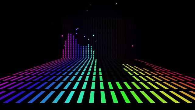 Abstract rainbow music equalizer background with glowing digital bars and particles, representing sound waves and audio frequency spectrum on black