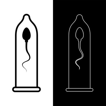 Icon of a used condom with sperm (spermatozoon, spermium) inside. Condom unpacked. Symbol of love, contraception and sex. Protection from diseases and pregnancy. Raster.