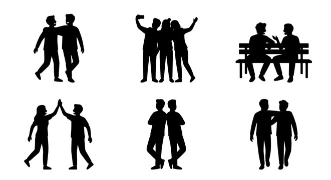 Friendship Silhouettes: Diverse Pairings, Group Selfies, Bench Chats, High Fives, Walking Together