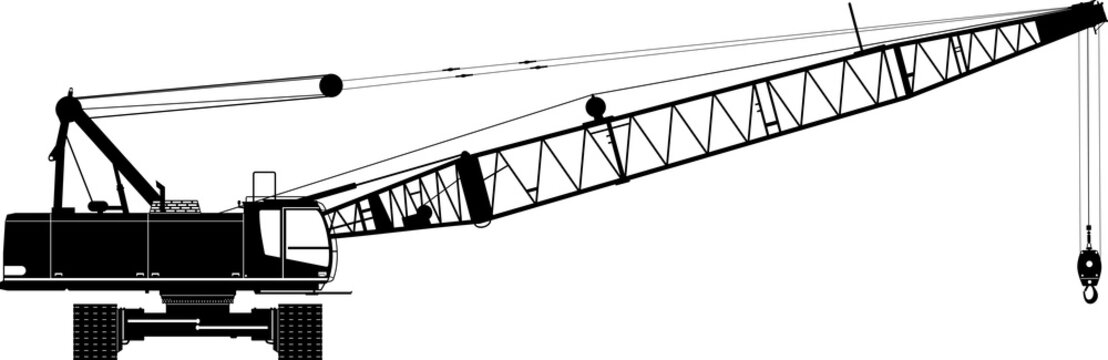 Silhouette of a duty-cycle crawler crane. Heavy crane, side view. PNG
