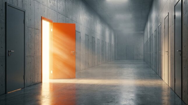 Bright orange door opening into a concrete hallway with glowing light rays representing new opportunities