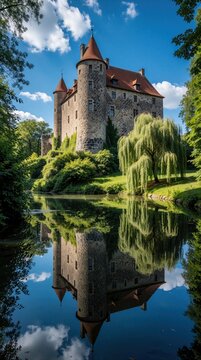 Stone castle with conical roofs reflected in calm water surrounded by green trees and blue sky. Old fortress features ivy on walls and weeping willow tree.