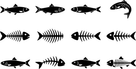 Fototapeta premium Sardine & Fish Bone Silhouette Icon Set. Collection of food & culinary silhouettes, including sardine & fish bone, detailed seafood and fish shapes, and more.