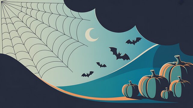 Spooky halloween night scene with bats flying by a haunted house and pumpkins