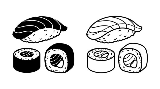 Black and white silhouettes of assorted sushi rolls on a white background