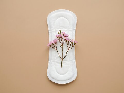 A single white feminine sanitary pad decorated with a small delicate sprig of pink flowers on beige background