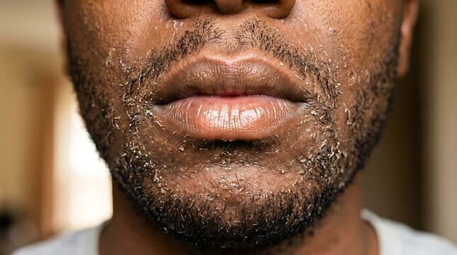 Close up shot of a man with dark stubble beard and natural skin texture on his face