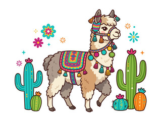 Fototapeta premium Whimsical Llama Amidst Cactus Flowers And Festive Embellishments