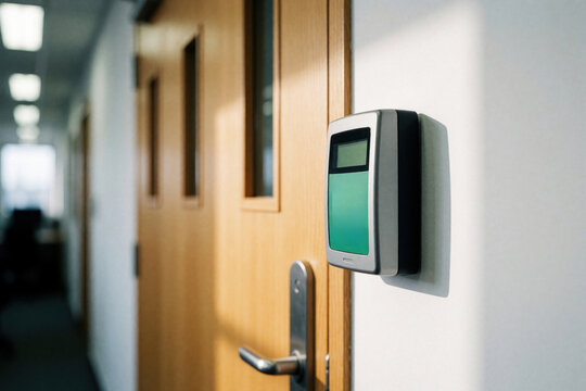 Office door features electronic access control card reader panel. This system grants entry through secure entry point, modern security hardware on wall.