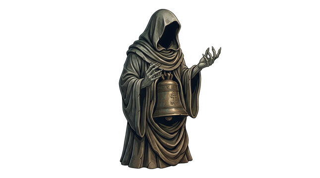 Faceless hooded monk carrying bronze bell statue is great for gothic dark fantasy concept designs.