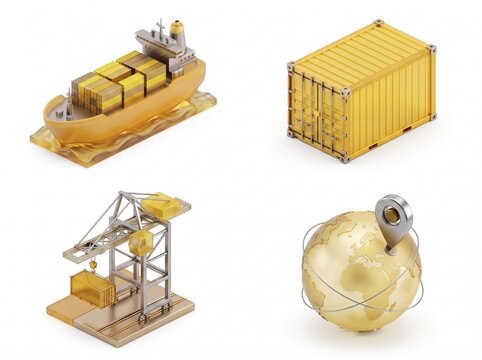 Premium 3D gold icon set for global logistics featuring cargo ship, shipping container, harbor crane, and world globe with location pin, perfect for freight and trade industry concepts.