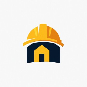 Modern construction logo design featuring yellow hard hat, dark house silhouette. Minimalist building icon combines safety helmet with real estate symbol. Pro graphic for home renovation company,