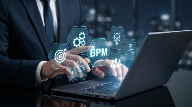 A businessman managing workflow efficiency and business strategy via virtual BPM interface.