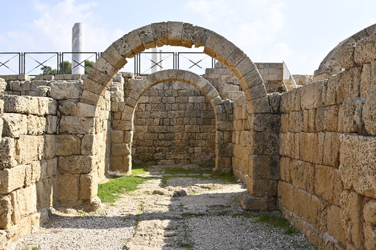 arch, Caesarea, ruins, archaeology, stone wall, Ancient stone arches and ruins at Caesarea Maritima National Park, Roman stone arcade and vaulted structures in historic archaeological site