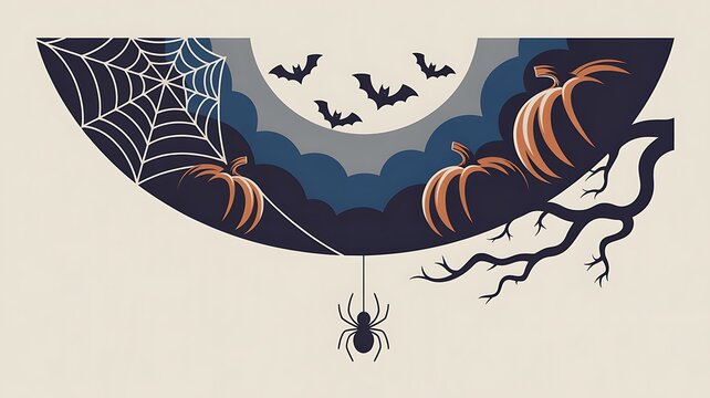 Halloween landscape with bats flying over a spooky forest and pumpkin patch