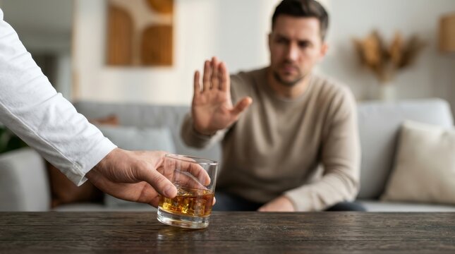 A man rejecting alcohol and saying no to quit booze for addiction recovery.
