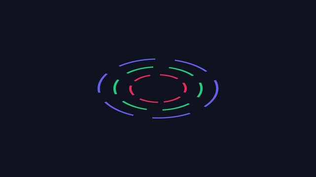 Minimalist abstract loading spinner animation with rotating colorful dashed circles on dark 4k background