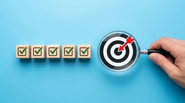 Quality management processes and business strategy planning shown through a target and check mark blocks.