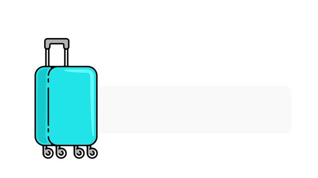 High-quality 2D animated vector graphic of a rolling travel suitcase that pops up and slides out to open a wide text placeholder. Ideal for travel vlogs, vacation promos, and tourism intros requiring 