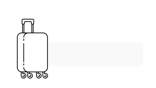 High-quality 2D animated vector graphic of a rolling travel suitcase that pops up and slides out to open a wide text placeholder. Ideal for travel vlogs, vacation promos, and tourism intros requiring 