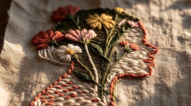 Handmade embroidery of a woman profile silhouette with colorful floral hair design