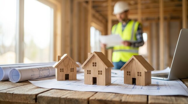 Construction inspector reviewing architectural blueprints at a residential building site.