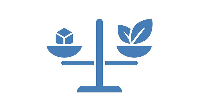 Balance scale icon JPG vector illustration featuring a cube and green leaves on pans for comparison and environmental choices.