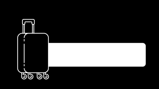 High-quality 2D animated vector graphic of a rolling travel suitcase that pops up and slides out to open a wide text placeholder. Ideal for travel vlogs, vacation promos, and tourism intros requiring 