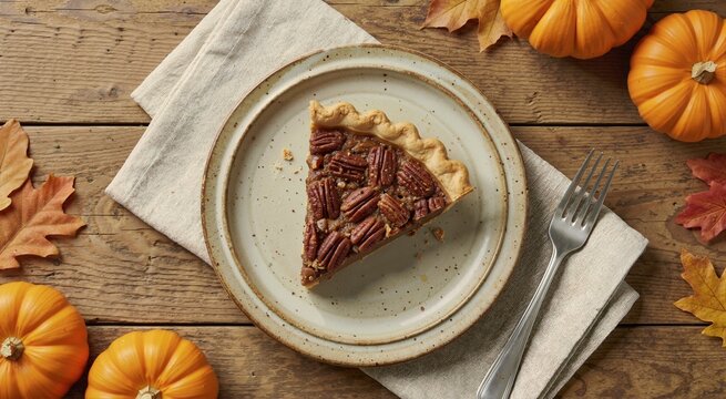 Flat lay of a pecan pie slice on a plate with fork. Autumn pumpkins and maple leaves on a rustic wooden table. Thanksgiving dessert concept