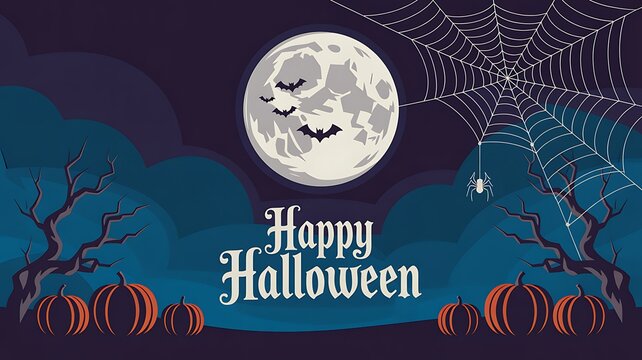Spooky halloween night scene with a smiling moon and silhouetted trees
