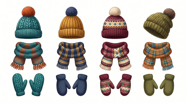 Colorful illustrations of four different winter clothing accessory sets featuring knitted hats, warm scarves, and mittens, isolated on a clean white background with full depth of field and no text.