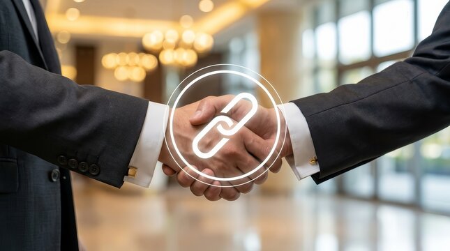 Professional handshake symbolising web backlinks and online technology connections.