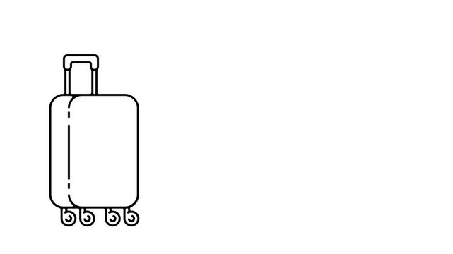 High-quality 2D animated vector graphic of a rolling travel suitcase that pops up and slides out to open a wide text placeholder. Ideal for travel vlogs, vacation promos, and tourism intros requiring 
