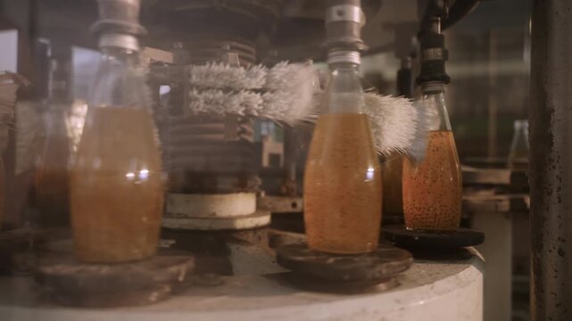 Juice in glass bottles on an automated conveyor belt in a modern beverage production facility line. Technology in the food and drink industry. Ready to drink fruit juice in a manufacturing factory. 