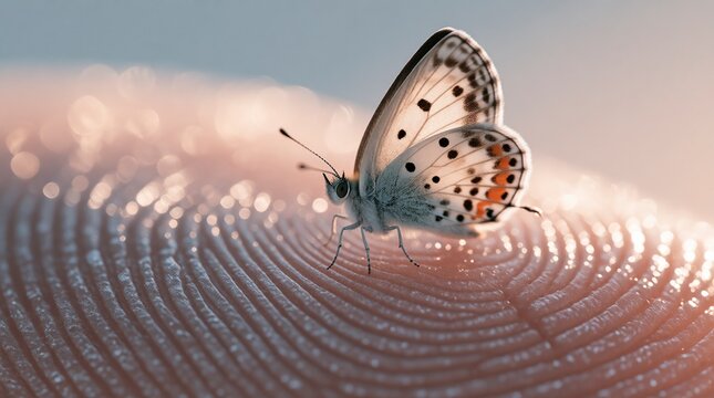 Small butterfly resting on a human finger, macro shot of nature and human connection.
