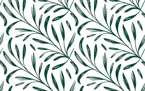 Tropical fern branches with long rounded leaves seamless pattern featuring hand drawn charcoal chalk texture silhouettes