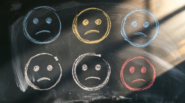 Sad face icons drawn with colorful chalk on a dark blackboard background