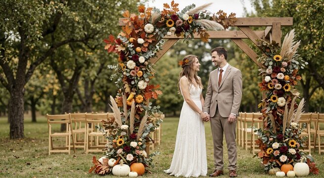 Bride and groom under wedding arch decorated with fall leaves and flowers. September outdoor wedding ceremony and rustic decor