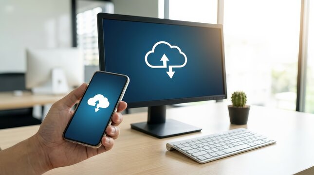 A person using a mobile phone for cloud data downloading while a computer displays backup status.