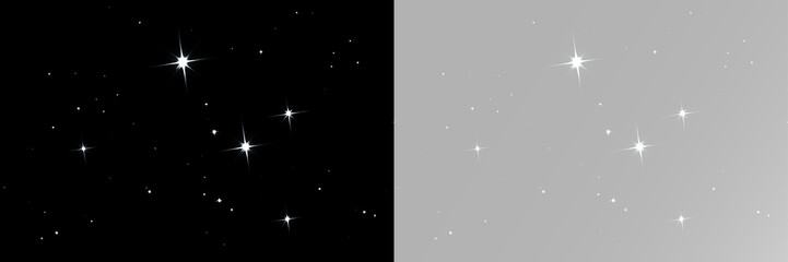 Fototapeta na wymiar Luminous white stars shine between small sparkles and delicate light dots