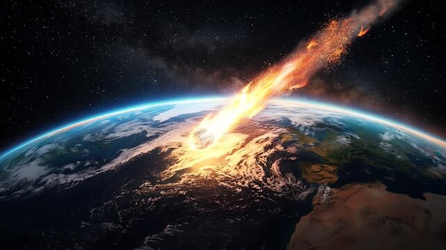 Giant meteor impacting earth seen from outer space