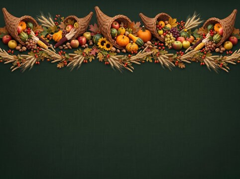 Autumn harvest cornucopia and leaves border with copy space on dark green background, thanksgiving concept, copy space