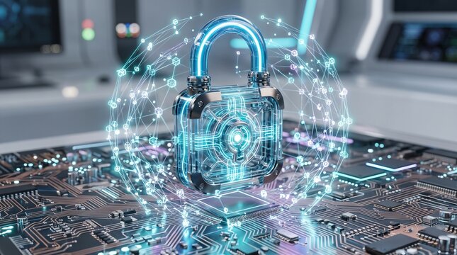 Glowing digital padlock hovering over a futuristic circuit board