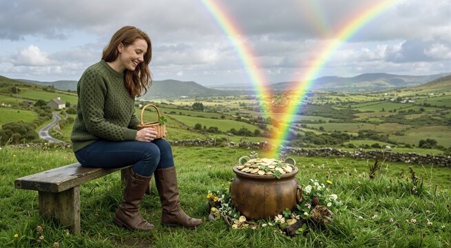 Red haired woman sitting next to a pot of gold at the end of a double rainbow. St Patricks Day theme in a green Irish countryside landscape