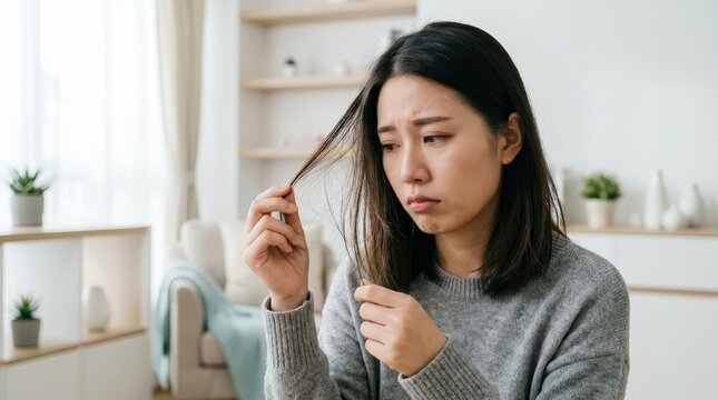 An Asian woman experiencing hair thinning and hair loss due to vitamin deficiency or hormonal imbalance.