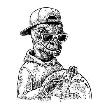 Reptilian hipster with sunglasses dressed in the hoodie and baseball cap. hold globe. Vector black engraving vintage illustrations. Isolated on white background
