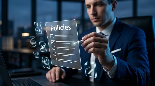 Regulatory compliance and policy management concept with person interacting with digital document icons and checklists.