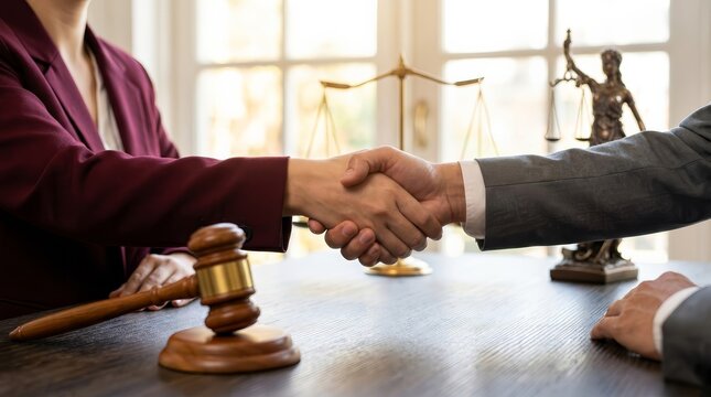 Legal professionals representing clients and finalizing agreements with a firm handshake.