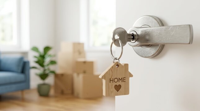New home ownership and relocation with a key and cardboard boxes in a condominium.